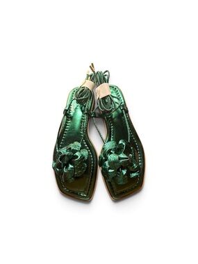 INC Gilma Metallic Emerald Green Flower Lace-Up Flat Sandals, Size 7, NIB